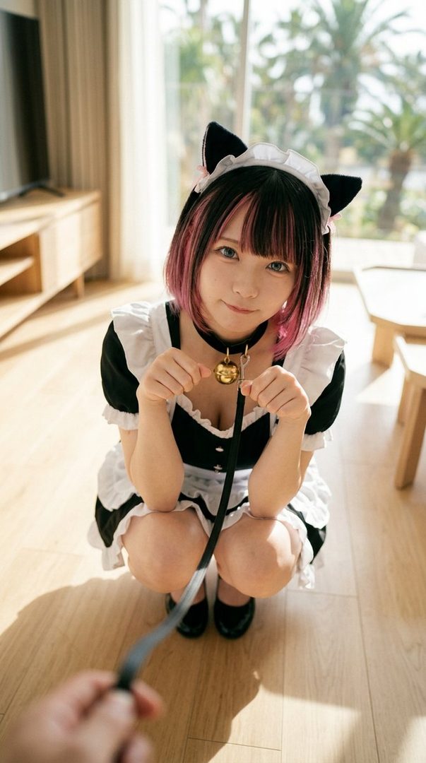 A woman with pink and black hair, wearing a maid outfit and cat ears, crouches indoors while holding a leash.