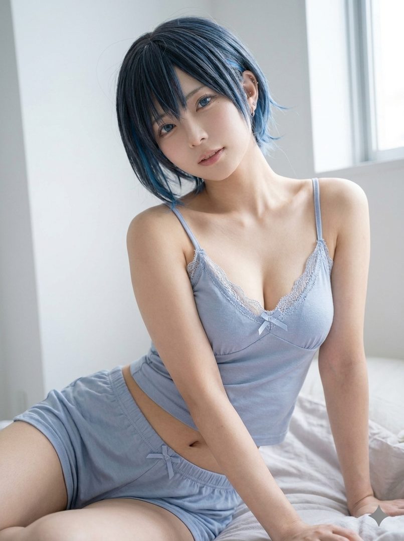 A young woman with short blue hair and blue eyes is wearing light blue pajamas and sitting on a bed.