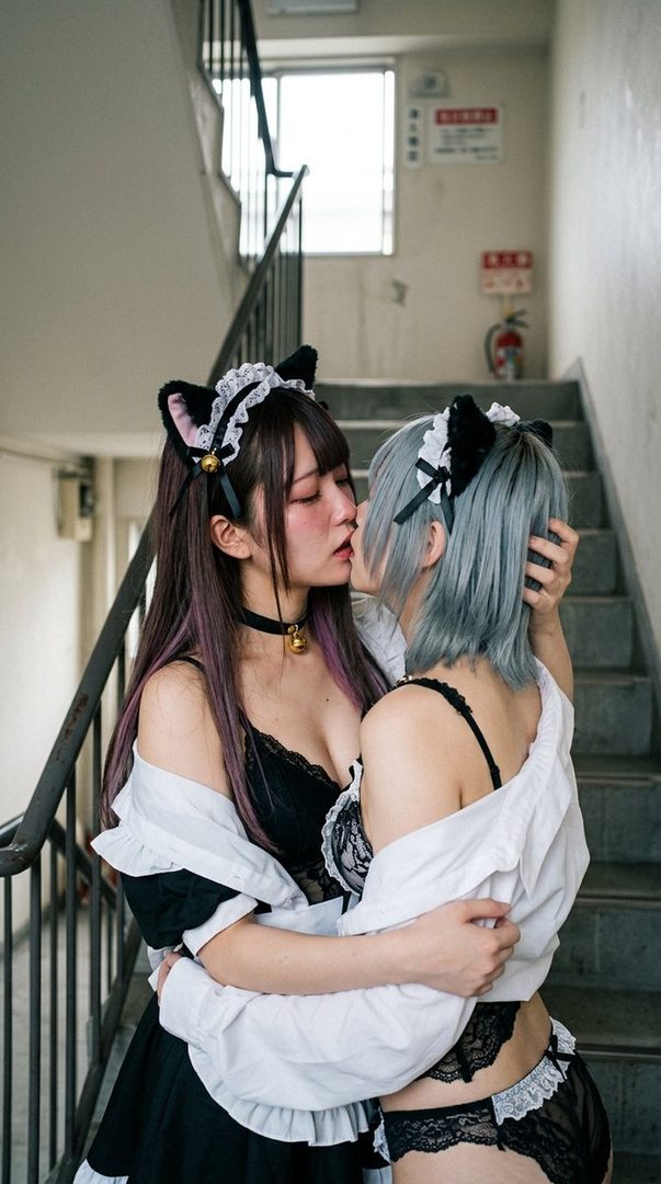 Two women in maid cosplay outfits with cat ears are kissing on a staircase.