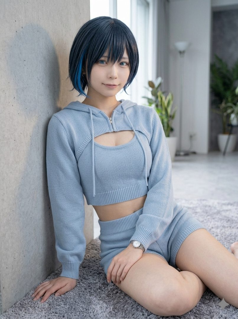 A woman with short blue hair and blue eyes wearing a light blue cropped hoodie and shorts, sitting on a carpet indoors.