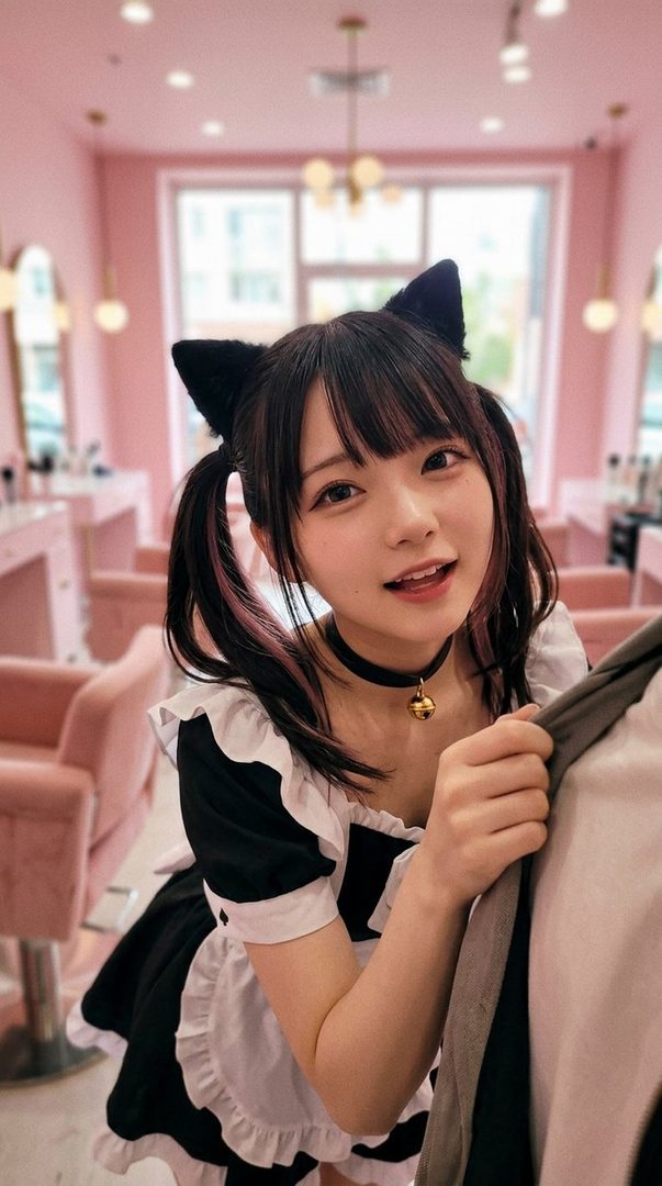 A cute girl with black twintails and cat ears wearing a maid outfit in a pink room.