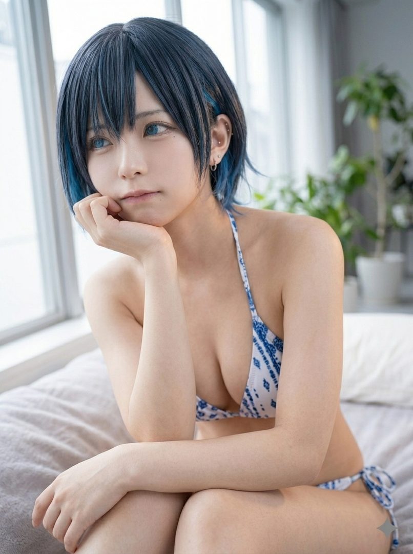A woman with short blue hair and blue eyes wearing a blue and white patterned bikini top, sitting indoors.