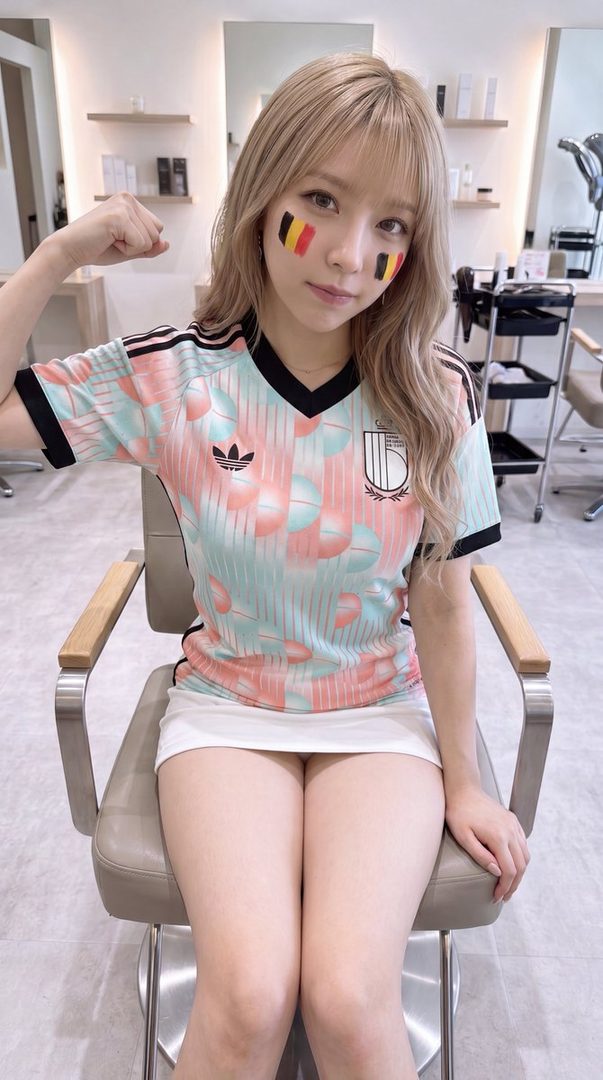 A young woman with blonde hair and Belgian flag face paint sits in a chair, wearing a light blue and pink sports jersey and a white mini skirt, flexing her arm.