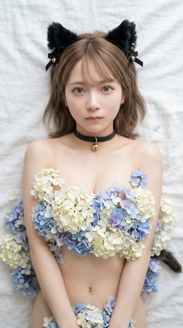 A woman with cat ears and a bell collar is covered in blue and white flowers, lying on a white sheet.