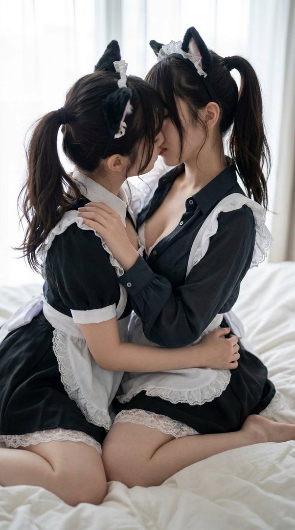 Two women in maid outfits with cat ears are intimately embracing and kissing on a bed.