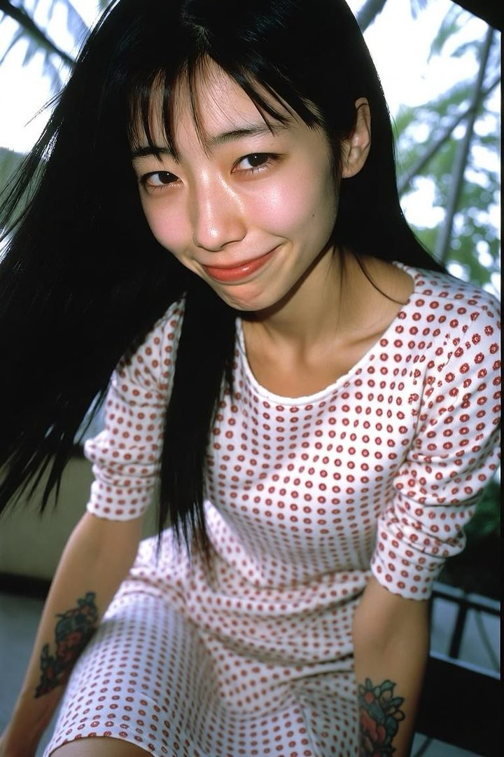 A young East Asian woman with long black hair and bangs smiles playfully at the camera, wearing a white polka dot dress.