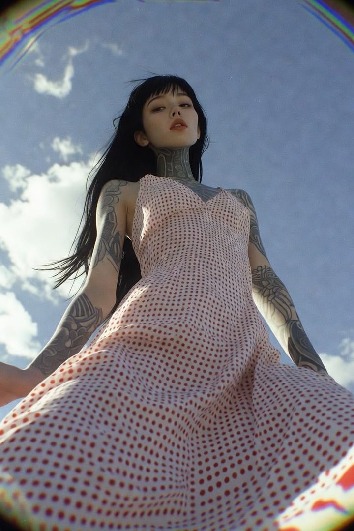 A low-angle shot of a woman with black hair and tattoos wearing a polka dot dress against a blue sky.