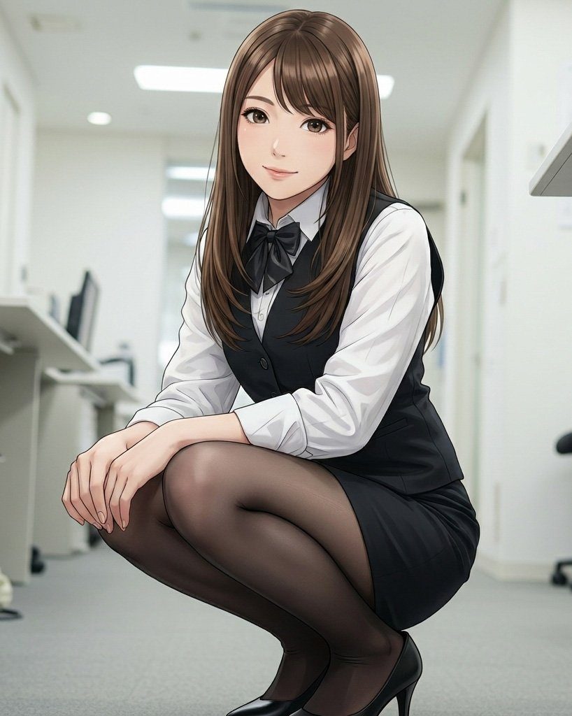 A semi-realistic illustration of a young woman with long brown hair, wearing an office suit and black pantyhose, squatting in an office setting.