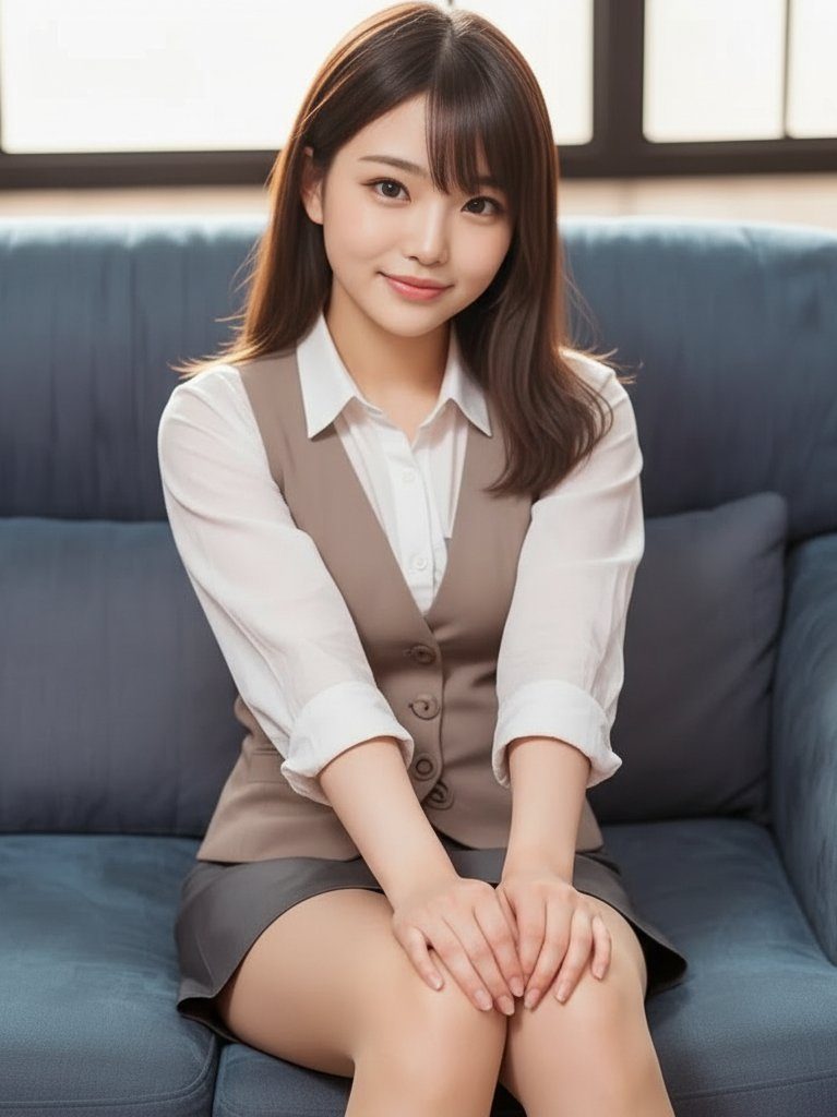 A young woman with long brown hair and bangs, wearing a white blouse and a brown vest, sits on a blue sofa indoors.