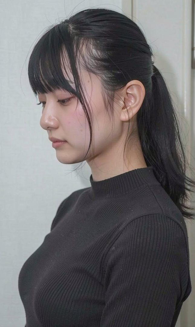 A photorealistic portrait of a young East Asian woman with black hair tied in a ponytail and bangs, wearing a black knit top, looking down serenely.