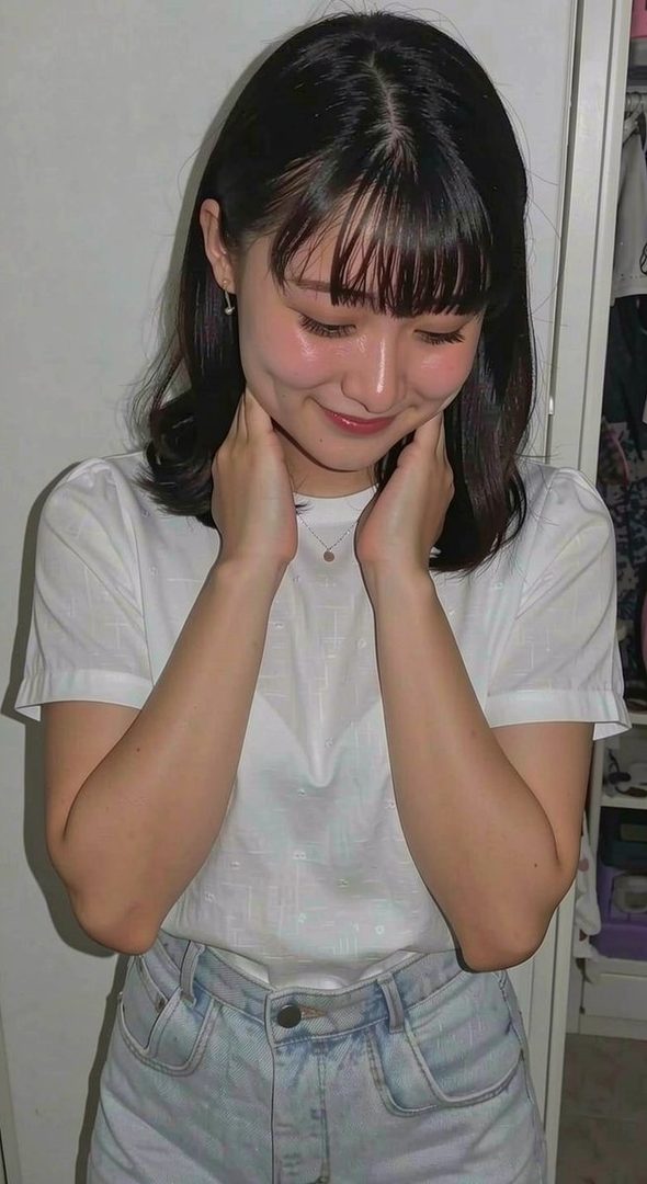 A cute East Asian woman with short black hair and bangs, wearing a white t-shirt and denim shorts, smiles shyly while looking down.