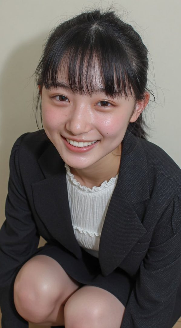 A young East Asian woman with black hair and bangs, wearing a black suit jacket and white top, smiles brightly at the camera.