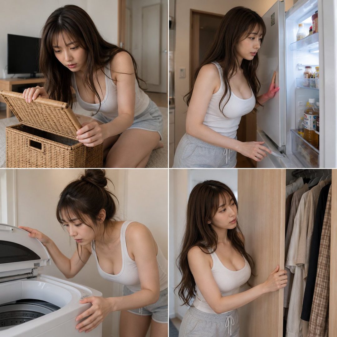 A young woman in a white tank top and grey shorts is shown in a four-panel image performing various household chores.