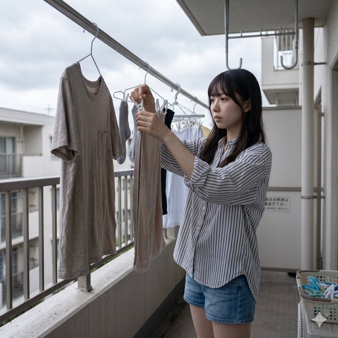 A young woman hangs laundry on a balcony on a cloudy day.