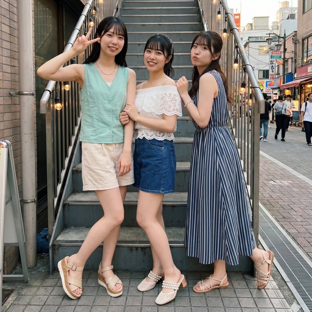 Three young Japanese women pose playfully on outdoor stairs in a city street, one making a peace sign, another pouting.