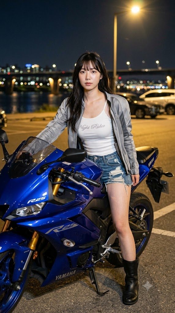 A young woman with long black hair and bangs, wearing a white tank top, denim shorts, and a grey jacket, poses next to a blue motorcycle at night in a city.