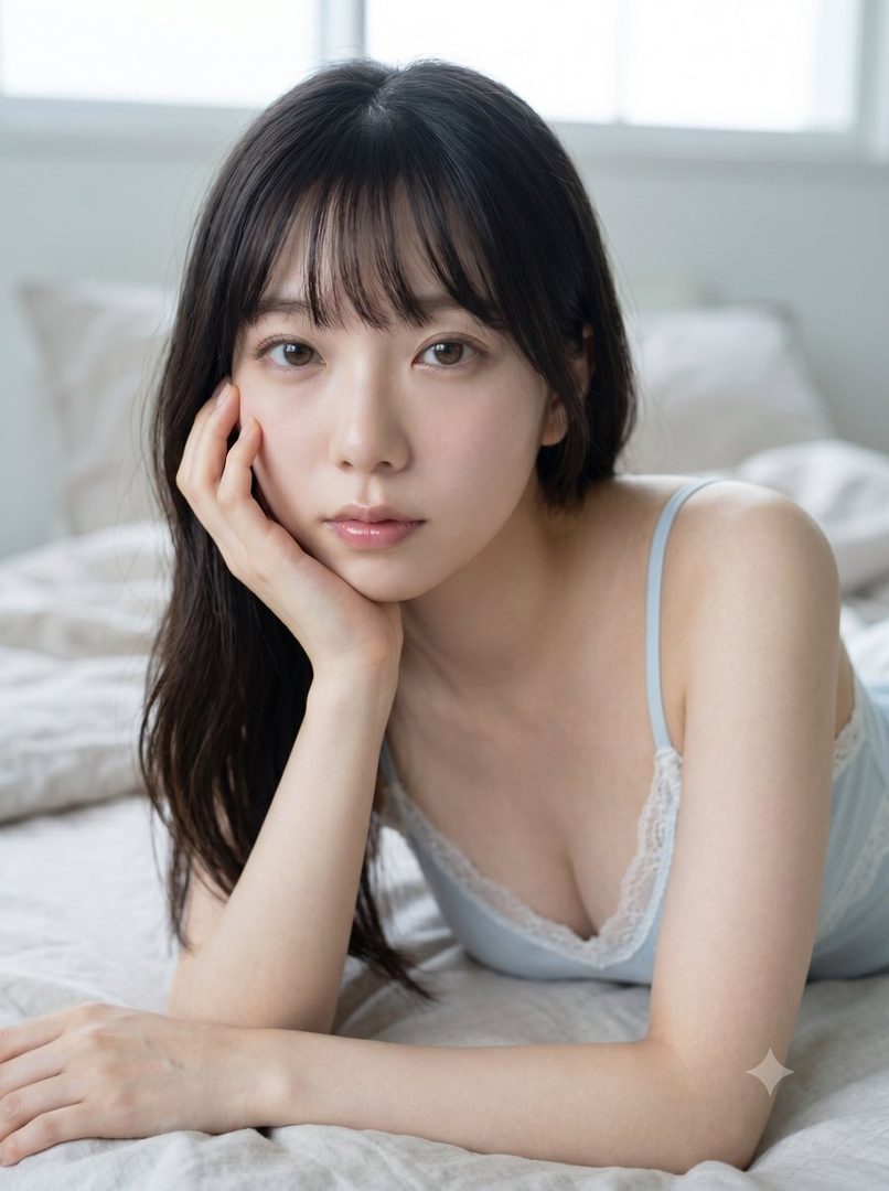 A young East Asian woman with long black hair and bangs, wearing a light blue lace-trimmed top, lies on a bed indoors.
