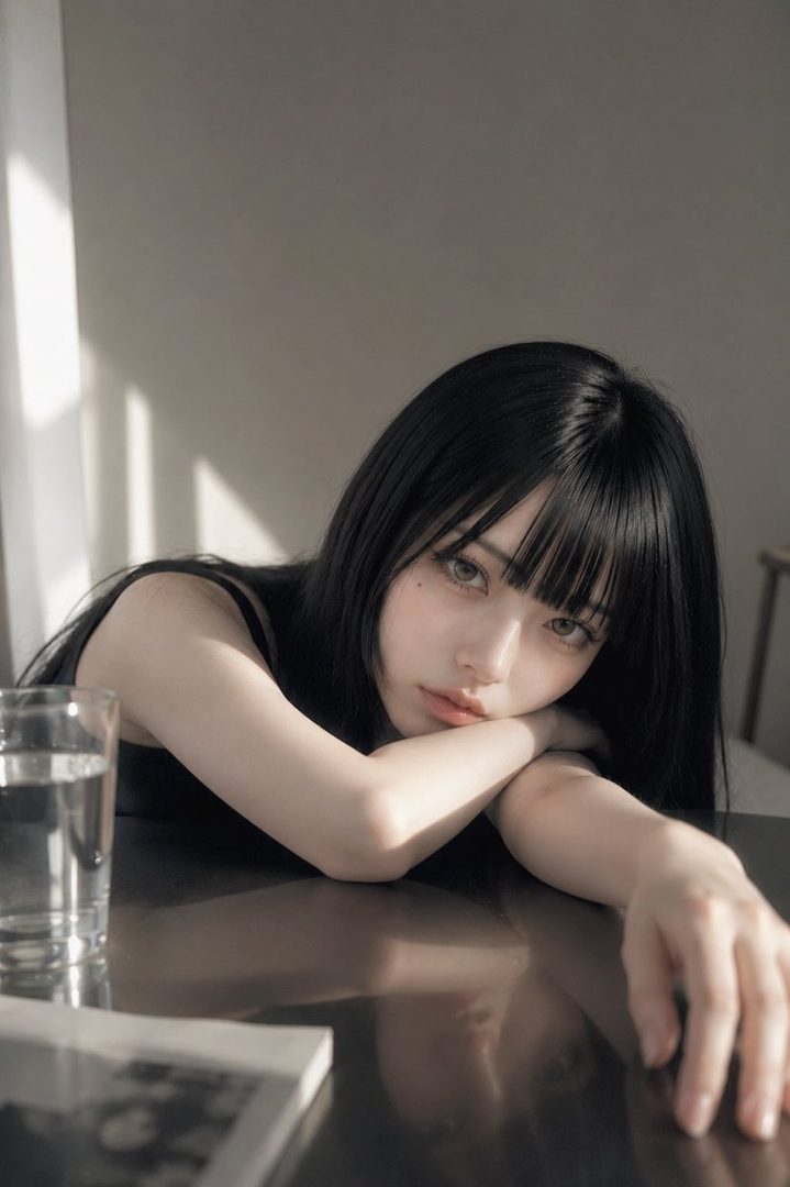 A photorealistic portrait of a young woman with long black hair and bangs, resting her head on her arms on a table indoors.