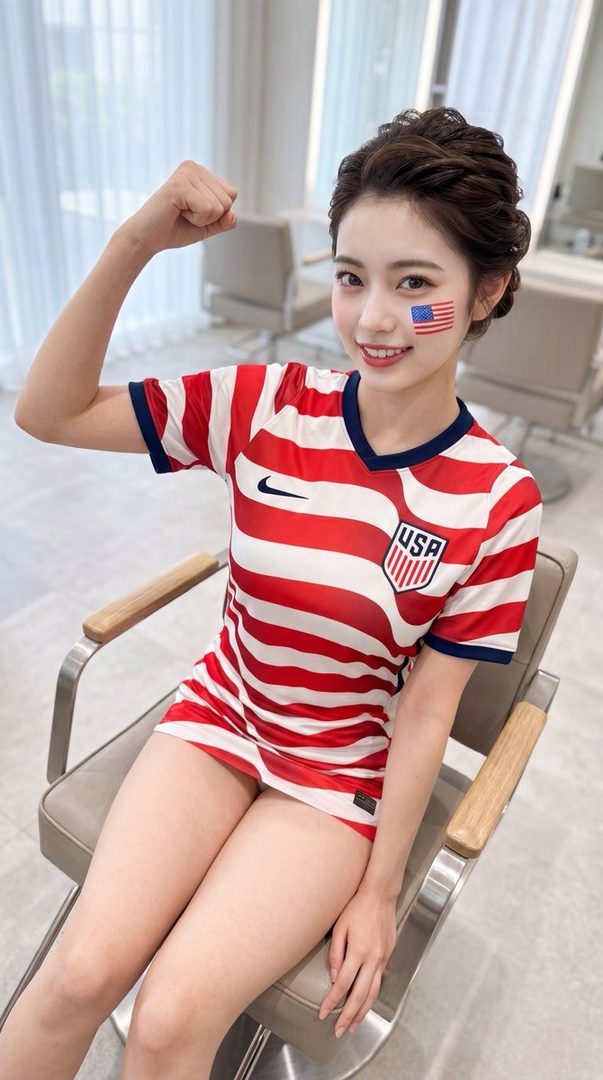A young woman with an American flag painted on her cheek, wearing a USA soccer jersey, sits and flexes her arm.