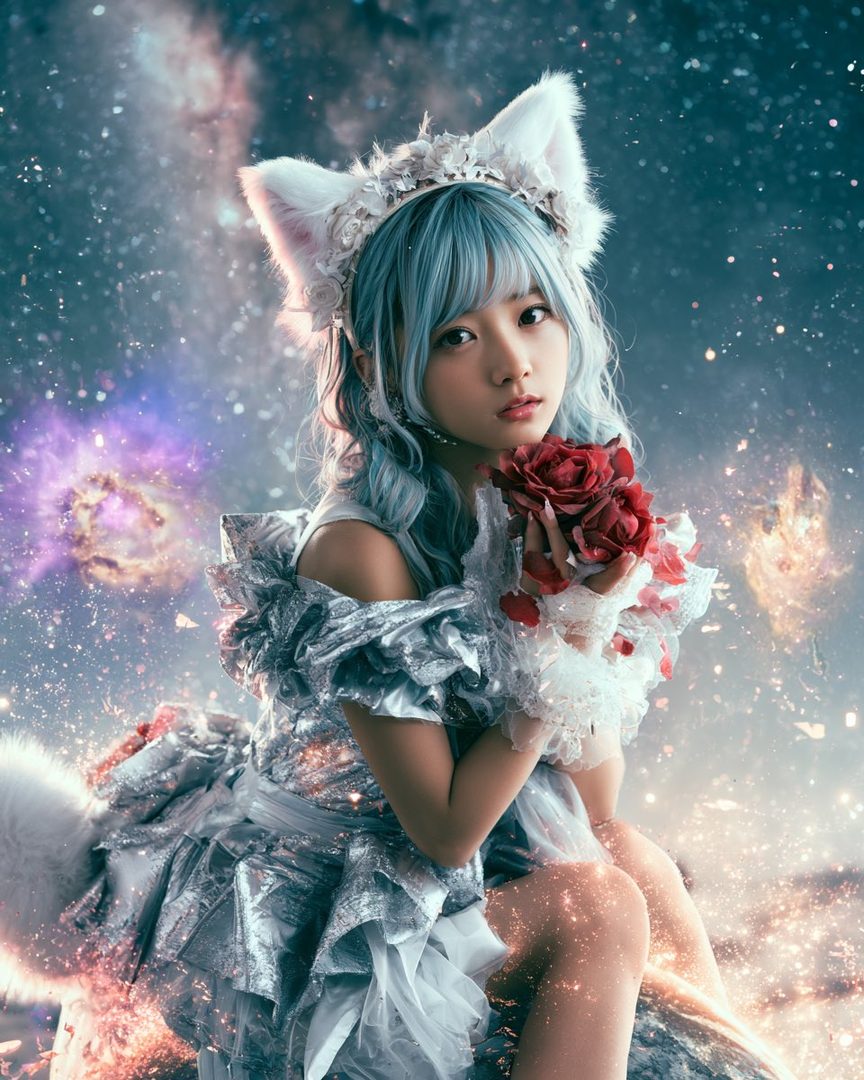 A dreamy portrait of a woman with blue hair and cat ears, holding red roses against a starry galaxy background.