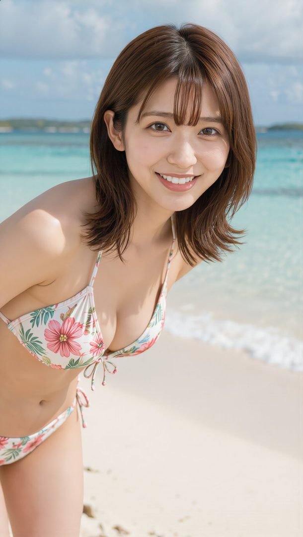 A smiling woman in a floral bikini poses on a white sand beach with clear blue water in the background.