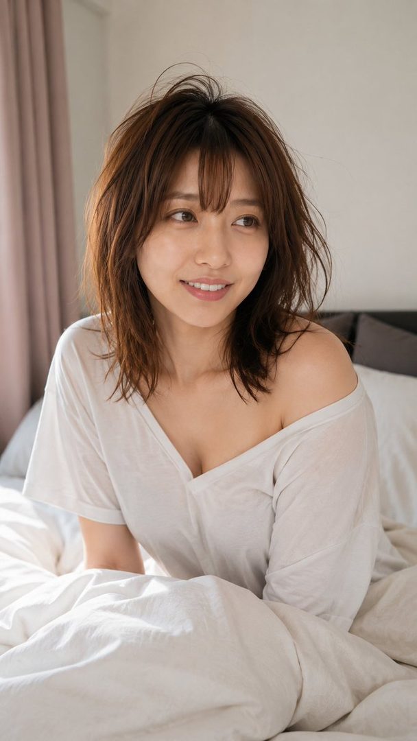 A beautiful East Asian woman with short brown hair and bangs smiles gently while sitting in bed, wearing a white off-the-shoulder top.
