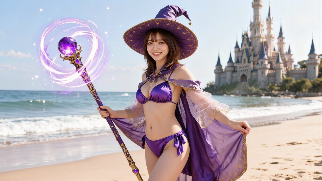 A woman in a purple witch's hat and bikini stands on a beach, holding a magical staff with a castle in the background.