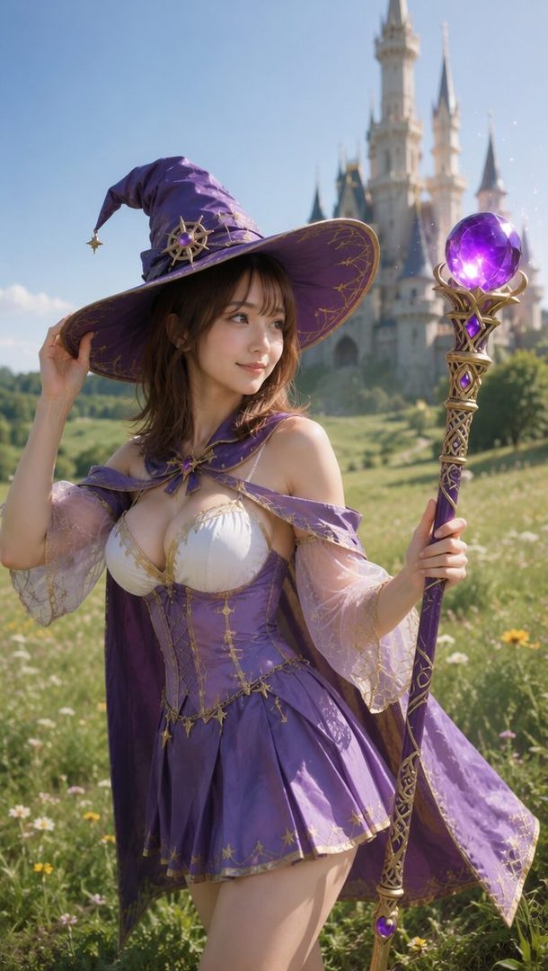 A beautiful woman dressed as a purple witch stands in a field with a castle in the background, holding a magical staff.