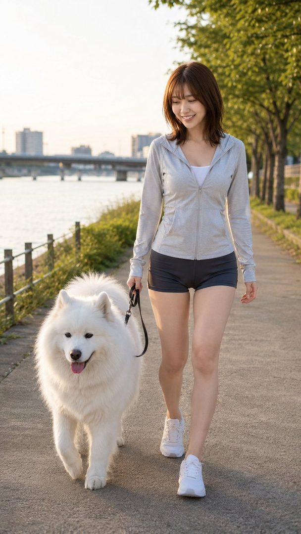 A young woman with brown hair walks her white fluffy dog along a riverside path on a sunny day.