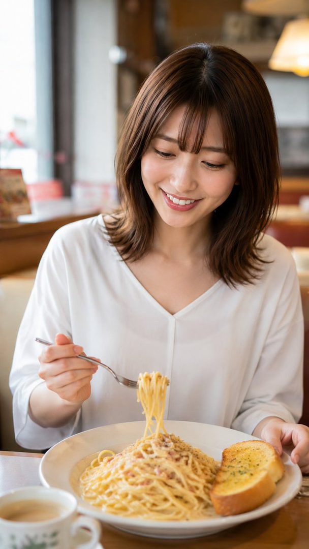 A smiling East Asian woman with short brown hair and bangs is eating carbonara pasta and garlic toast in an indoor setting.
