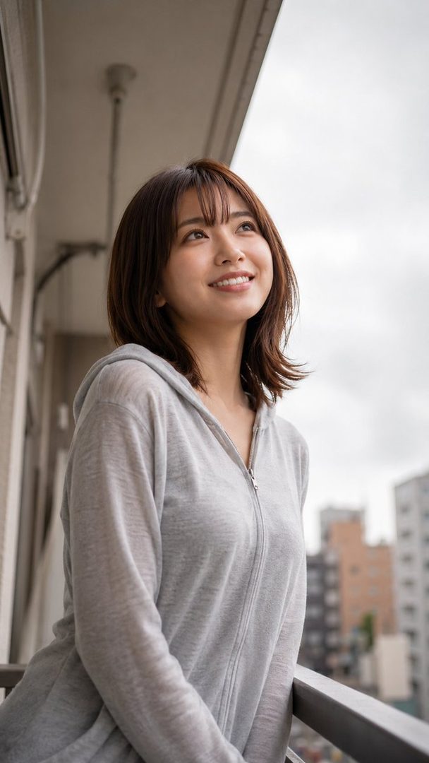 A young woman with short brown hair and bangs, wearing a grey zip-up hoodie, stands on a balcony and looks up with a gentle smile.