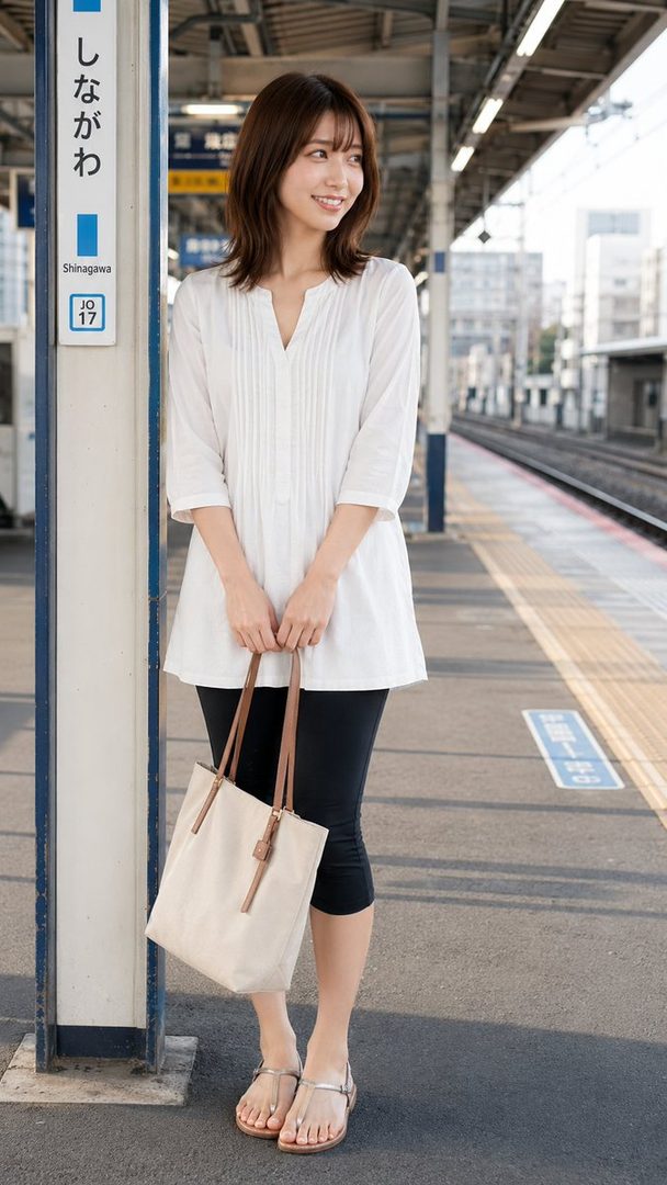 A young woman with short brown hair, wearing a white tunic and black capri pants, stands on a train platform holding a tote bag.