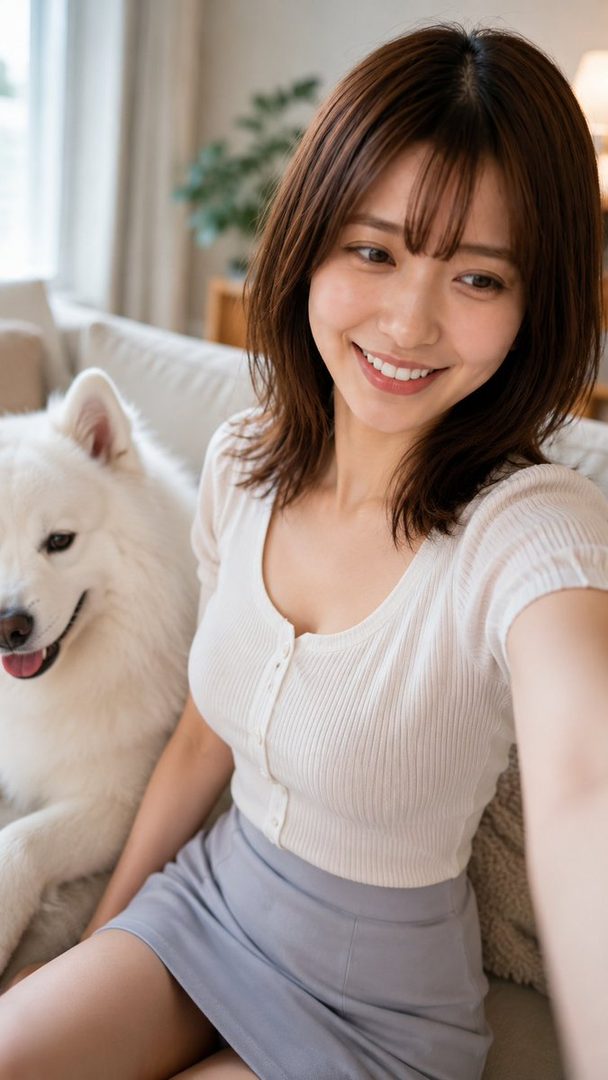 A smiling East Asian woman with short brown hair takes a selfie indoors with a white dog.