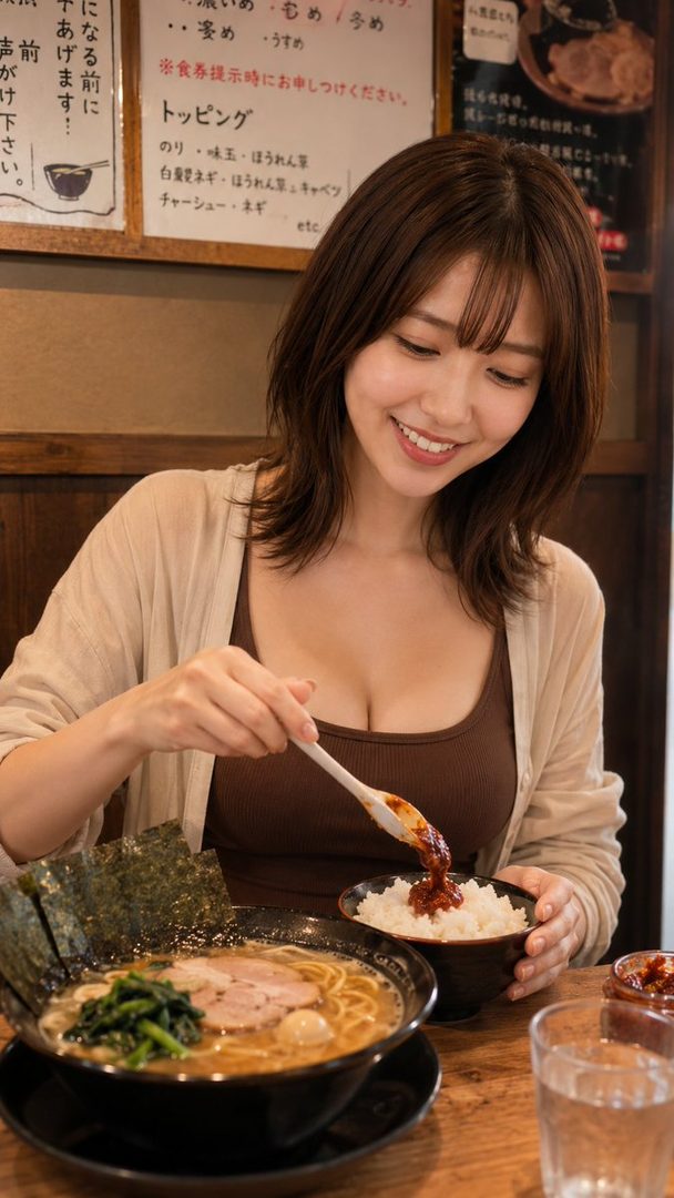 A smiling woman with brown hair is adding chili paste to a bowl of rice, with a bowl of ramen in front of her at a restaurant.