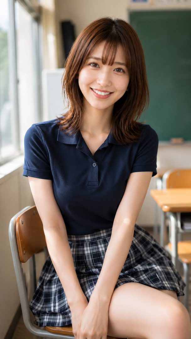 A smiling East Asian woman with short brown hair, wearing a school uniform, sits in a classroom.