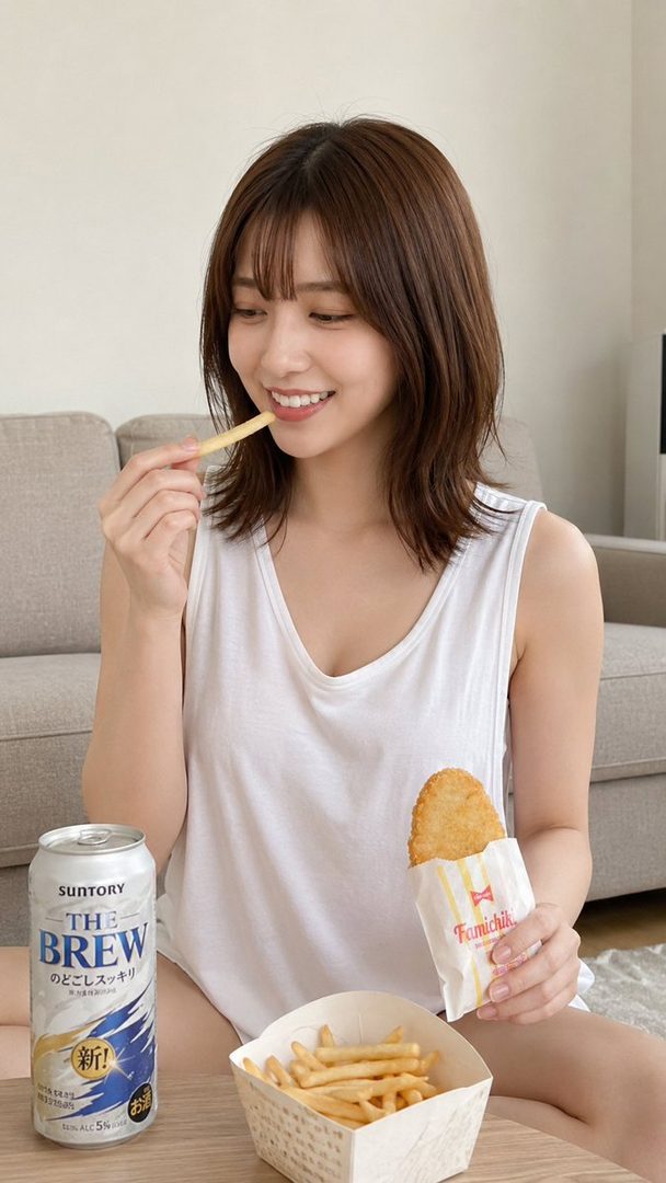 A smiling East Asian woman in a white tank top is eating french fries and hash browns, with a can of Suntory The Brew beer next to her.
