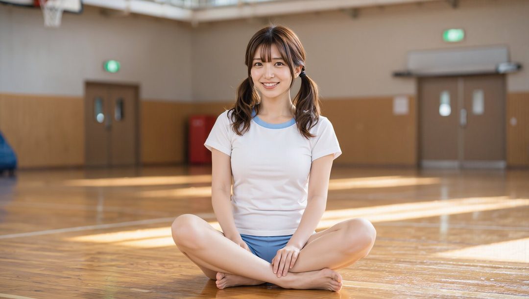 A smiling East Asian woman with brown twintails sits cross-legged in a school gym, wearing a white and blue sportswear uniform.