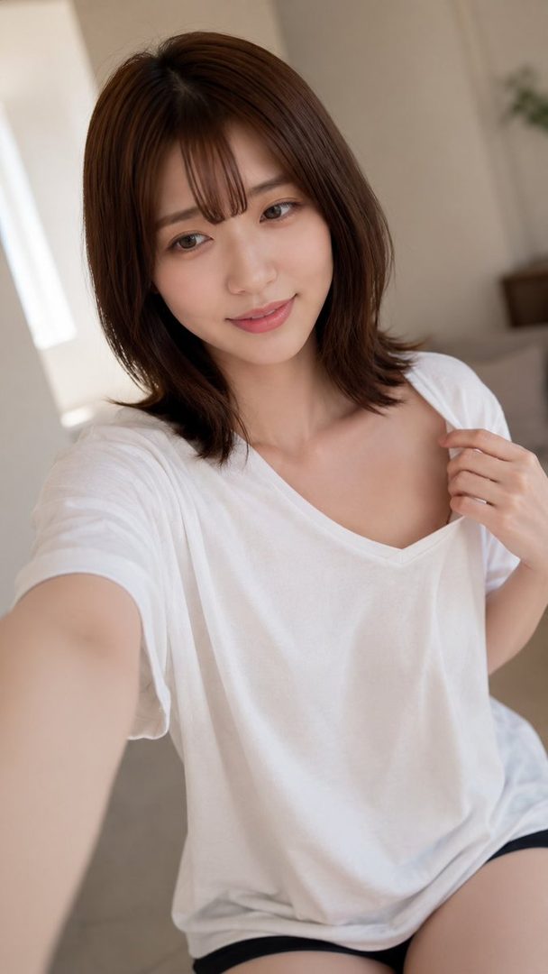 A young woman with brown hair and bangs takes a selfie, wearing a white t-shirt and black shorts, looking at the camera with a gentle smile.