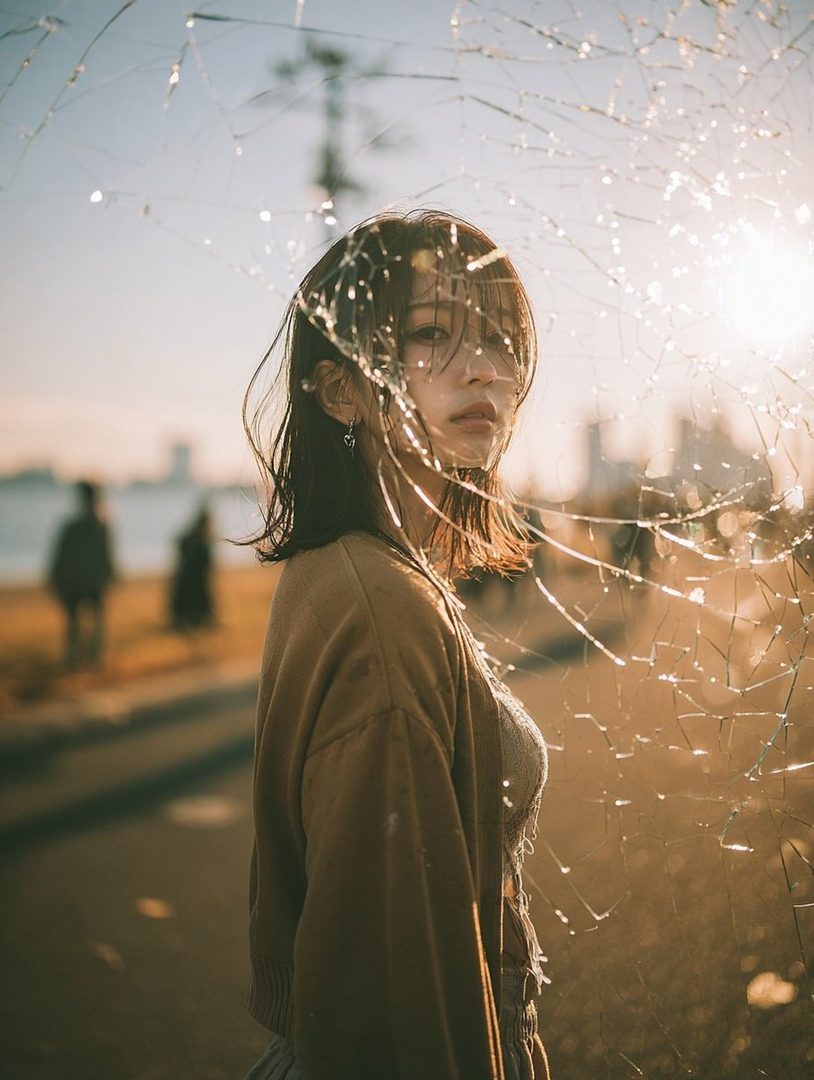 A woman with long brown hair looks through shattered glass during golden hour.