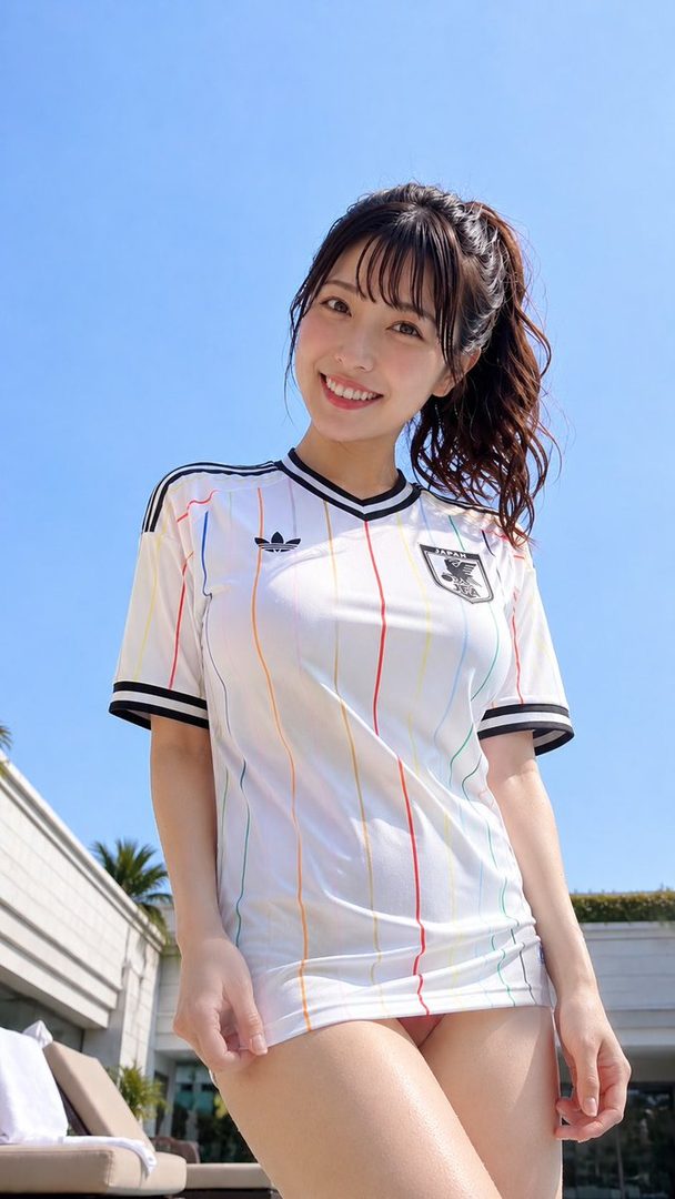 A smiling woman in a white soccer jersey with rainbow stripes and a ponytail stands outdoors under a clear blue sky.