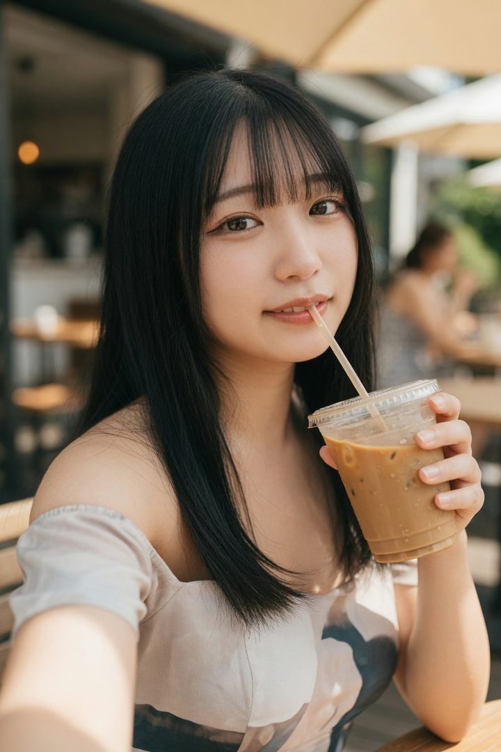 A young woman with long black hair and bangs sips iced coffee at an outdoor cafe.