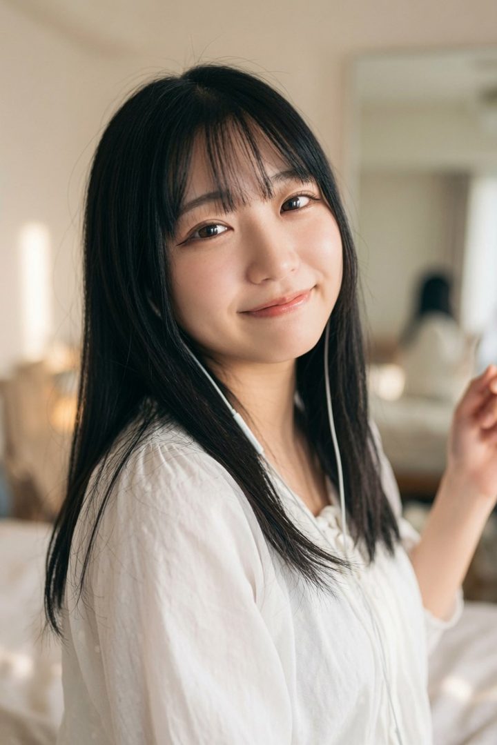 A young woman with long black hair and bangs smiles gently while wearing a white blouse and earphones indoors.