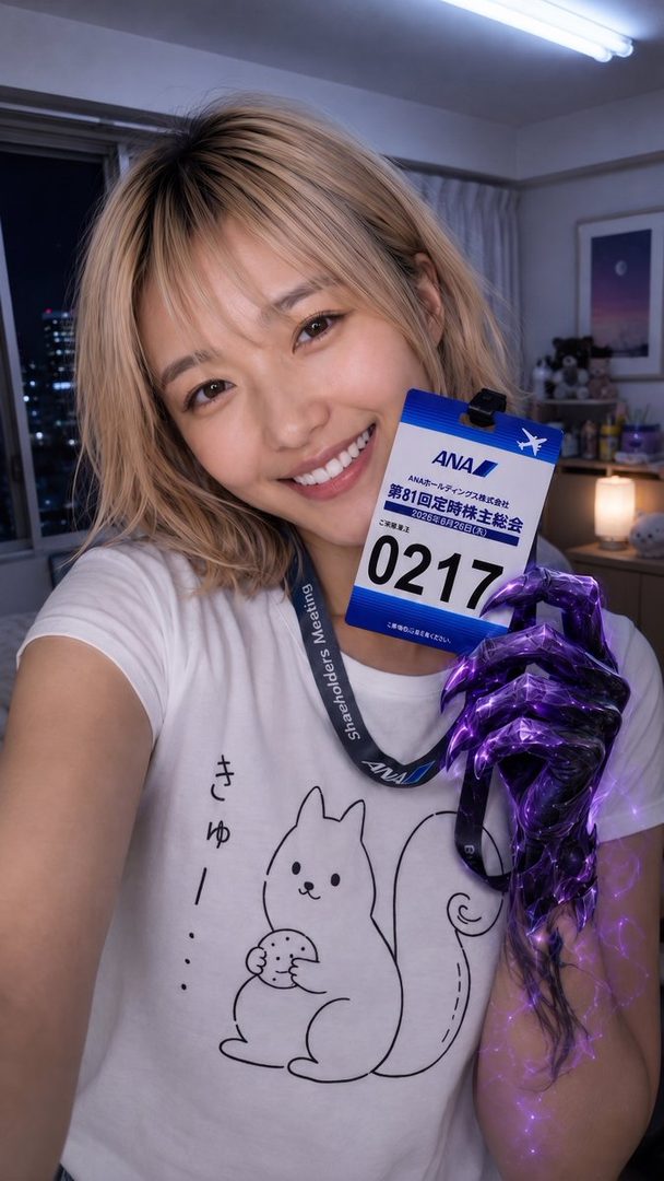 A smiling woman with blonde hair takes a selfie indoors, holding up an ANA shareholders meeting pass, with a glowing purple arm effect.