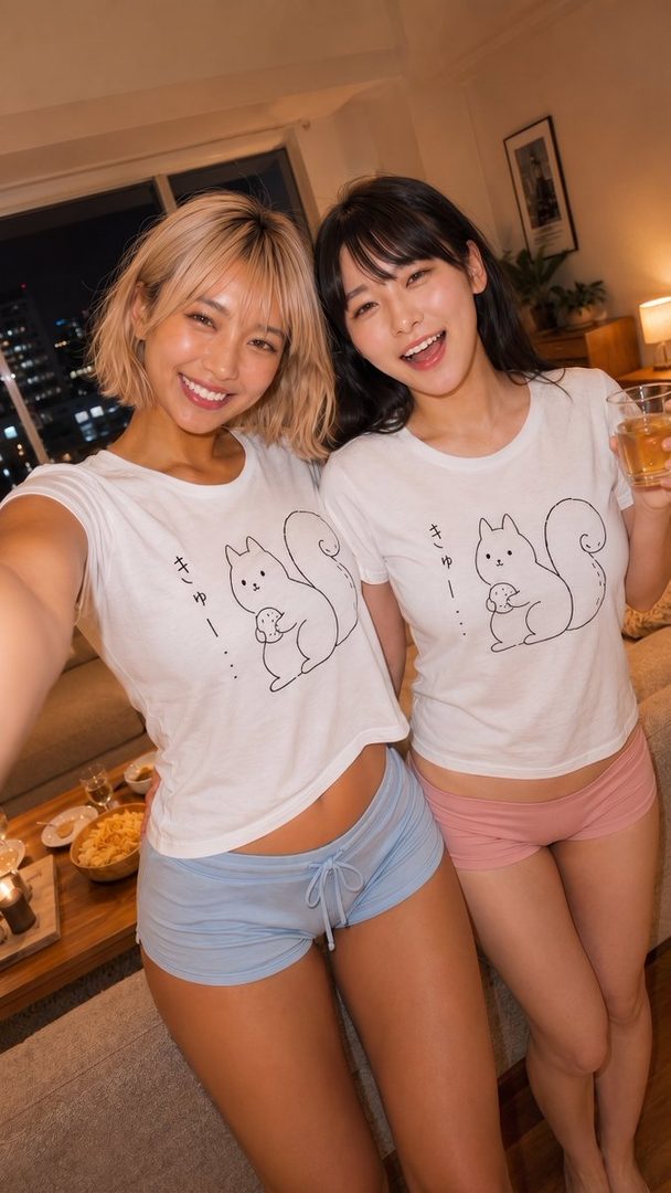 Two young women in casual t-shirts and shorts take a selfie indoors at night, smiling brightly.