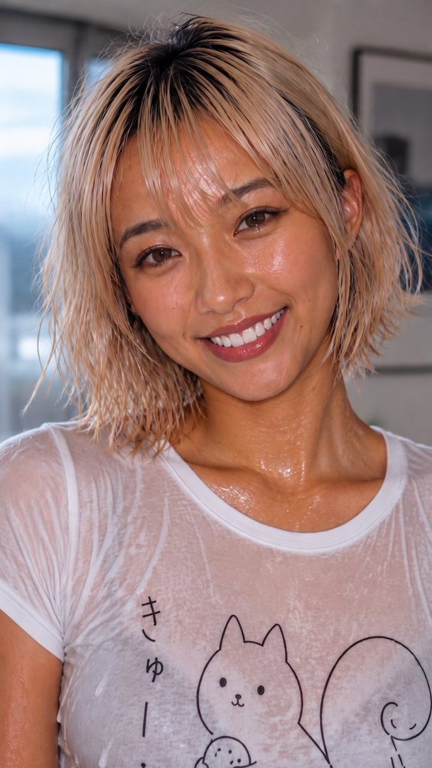 A smiling woman with wet blonde hair and a wet white t-shirt with a cartoon squirrel design.