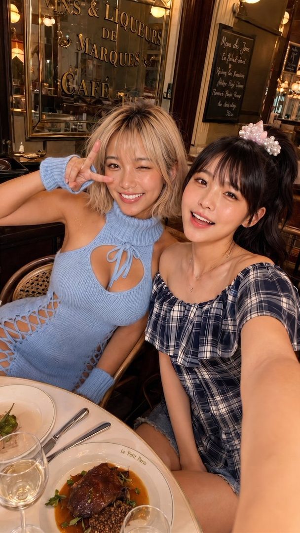 Two women pose for a selfie at a cafe, one in a light blue cutout dress and the other in a plaid off-shoulder top.