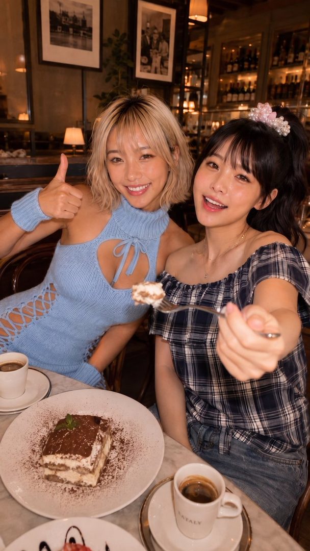 Two young women are enjoying tiramisu and coffee at a restaurant, with one giving a thumbs up and the other offering a bite of dessert.