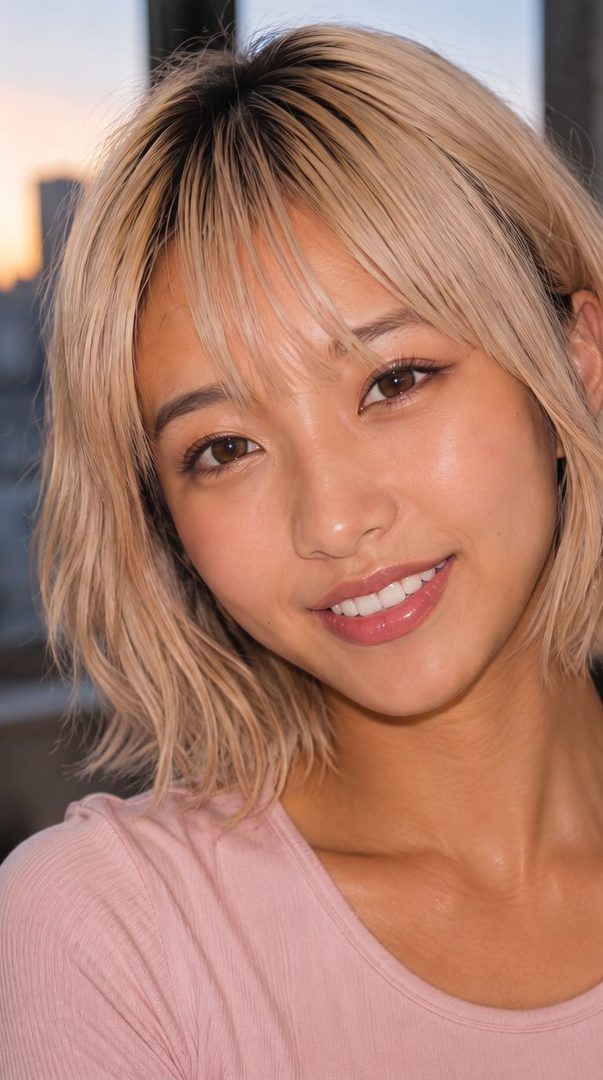 A close-up portrait of a smiling woman with short blonde hair and bangs, wearing a pink top.