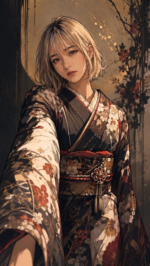 A semi-realistic portrait of a young woman with short blonde hair wearing a floral kimono, looking directly at the viewer.