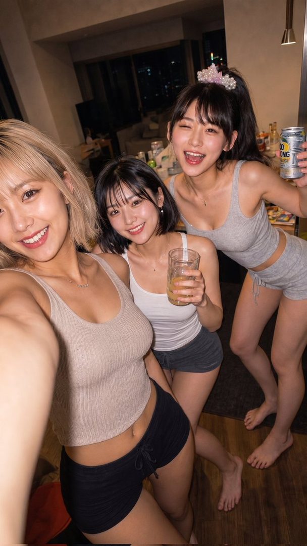 Three young women in casual tops and shorts are taking a selfie indoors, smiling and holding drinks.